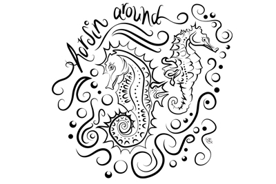 Seahorses with waves and bubbles digital drawing. Downloadable .svg
